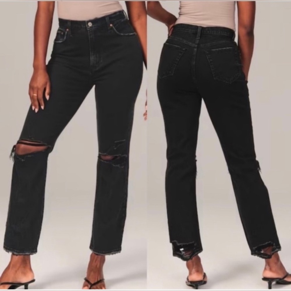 Abercrombie Ultra High-Rise Ankle Straight Jeans Black Distressed Women 35/20